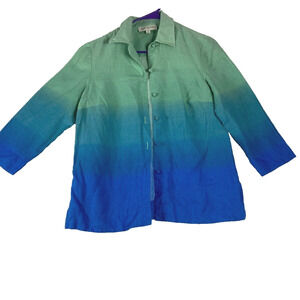 Jones New York Sport 100% Linen Button Up Shirt Size Small 3/4 Sleeve Green Blue